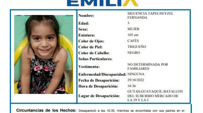 Emiten alerta Emilia por desaparición de niña en Guayaquil